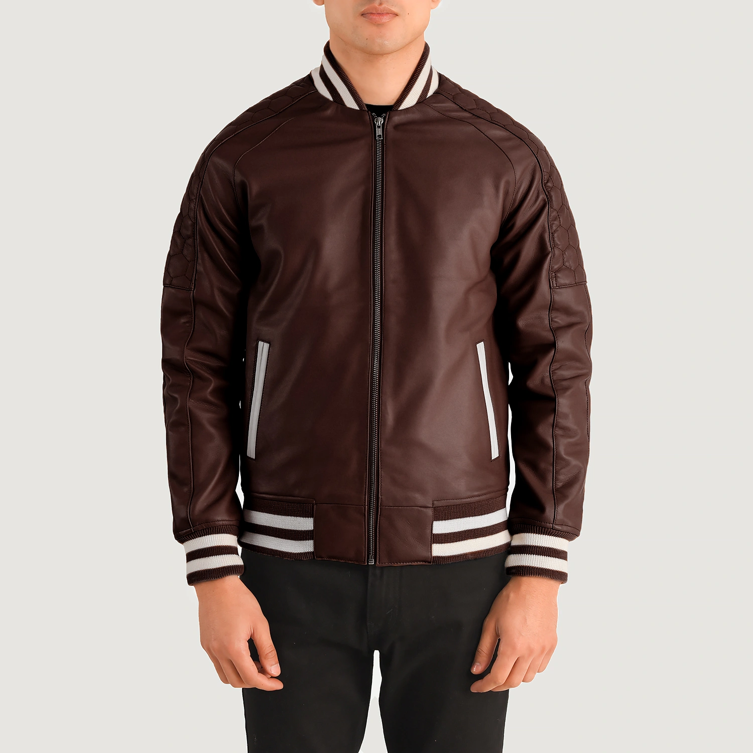 Mens Pascal Maroon Leather Varsity Jacket Close Front-5-1704125350421